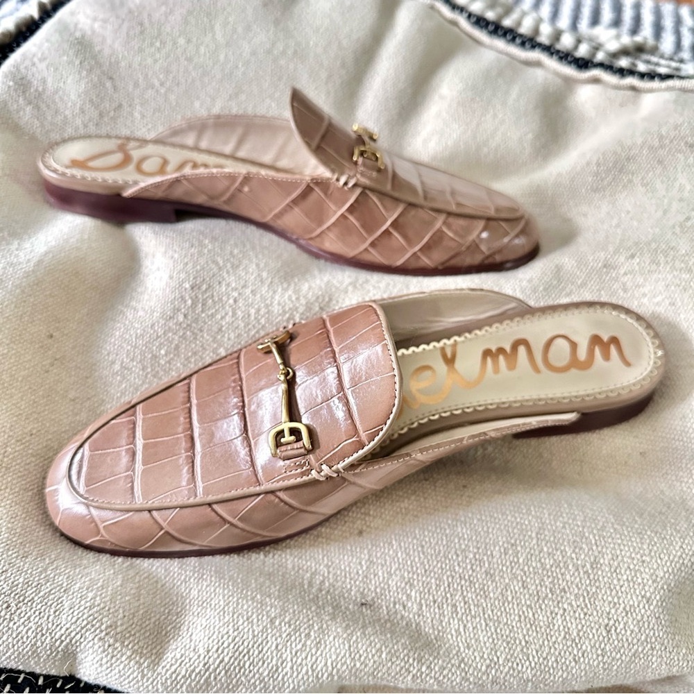 SAM EDELMAN Women’s Linnie Bit Horsebit Leather Flat mules shoes size 7.5 Tan